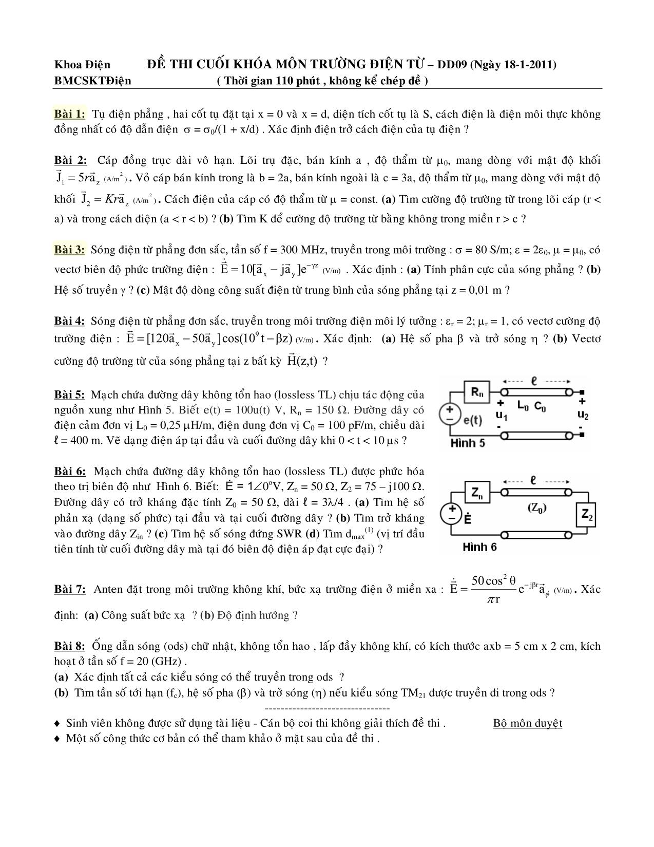 Đề thi cuối khóa môn Trường điện từ - DD09 trang 1