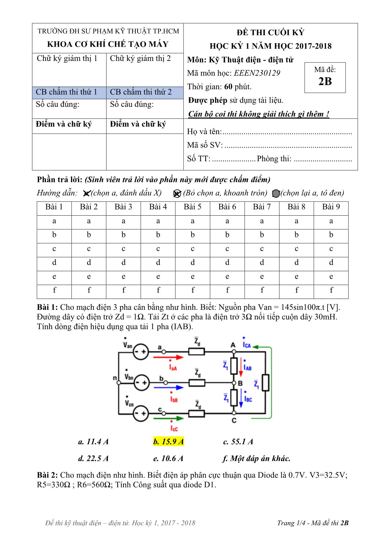 Đề thi Cuối kì môn Kỹ thuật điện, điện tử - Năm học 2017-2018 trang 1