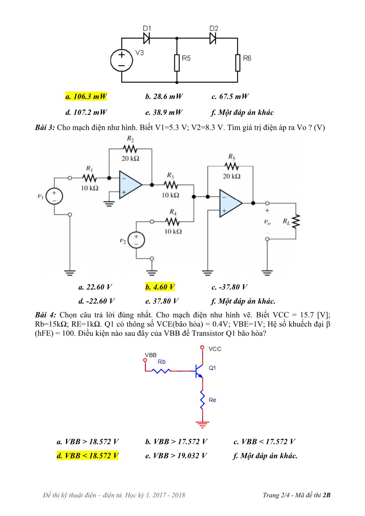 Đề thi Cuối kì môn Kỹ thuật điện, điện tử - Năm học 2017-2018 trang 2
