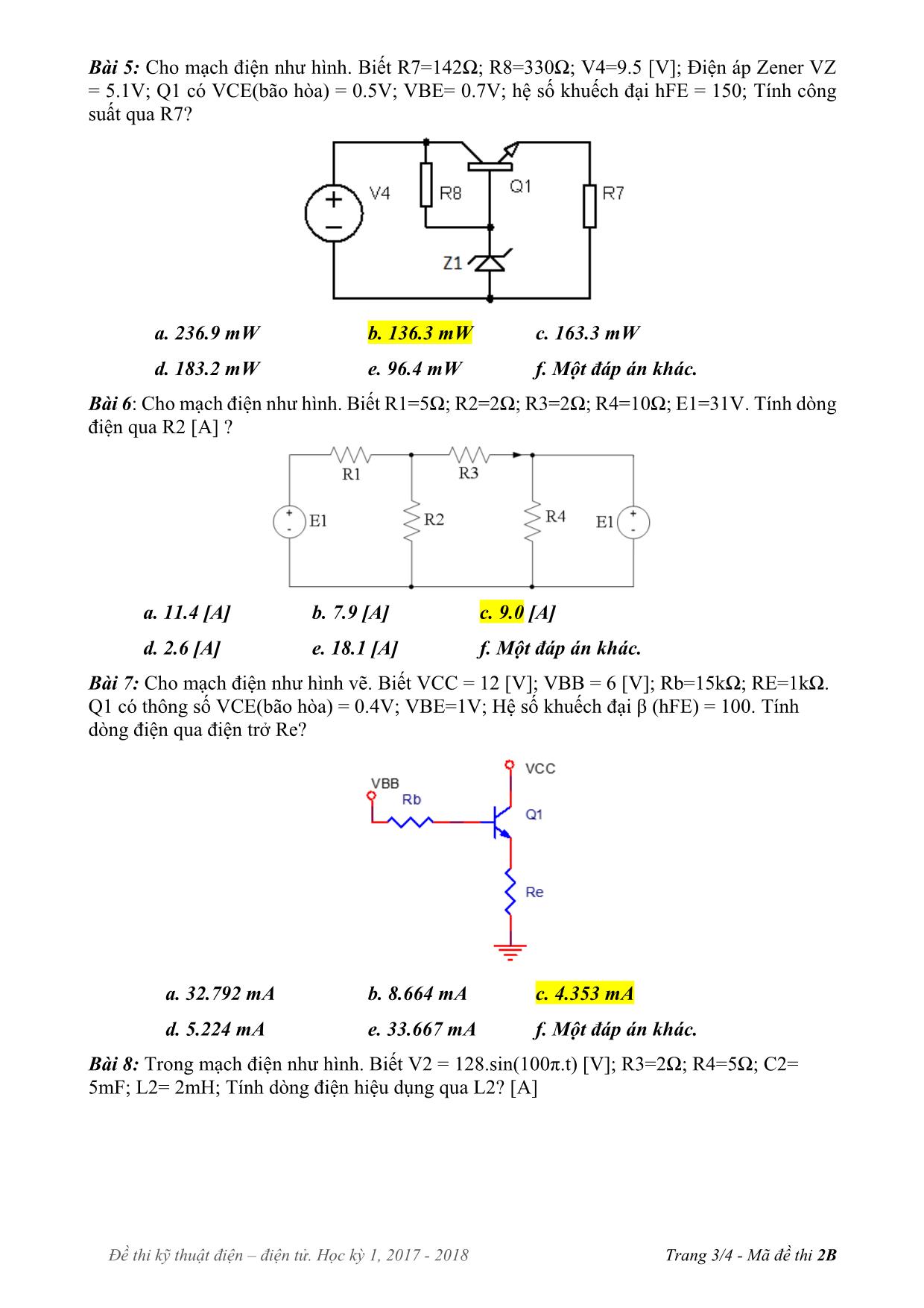 Đề thi Cuối kì môn Kỹ thuật điện, điện tử - Năm học 2017-2018 trang 3