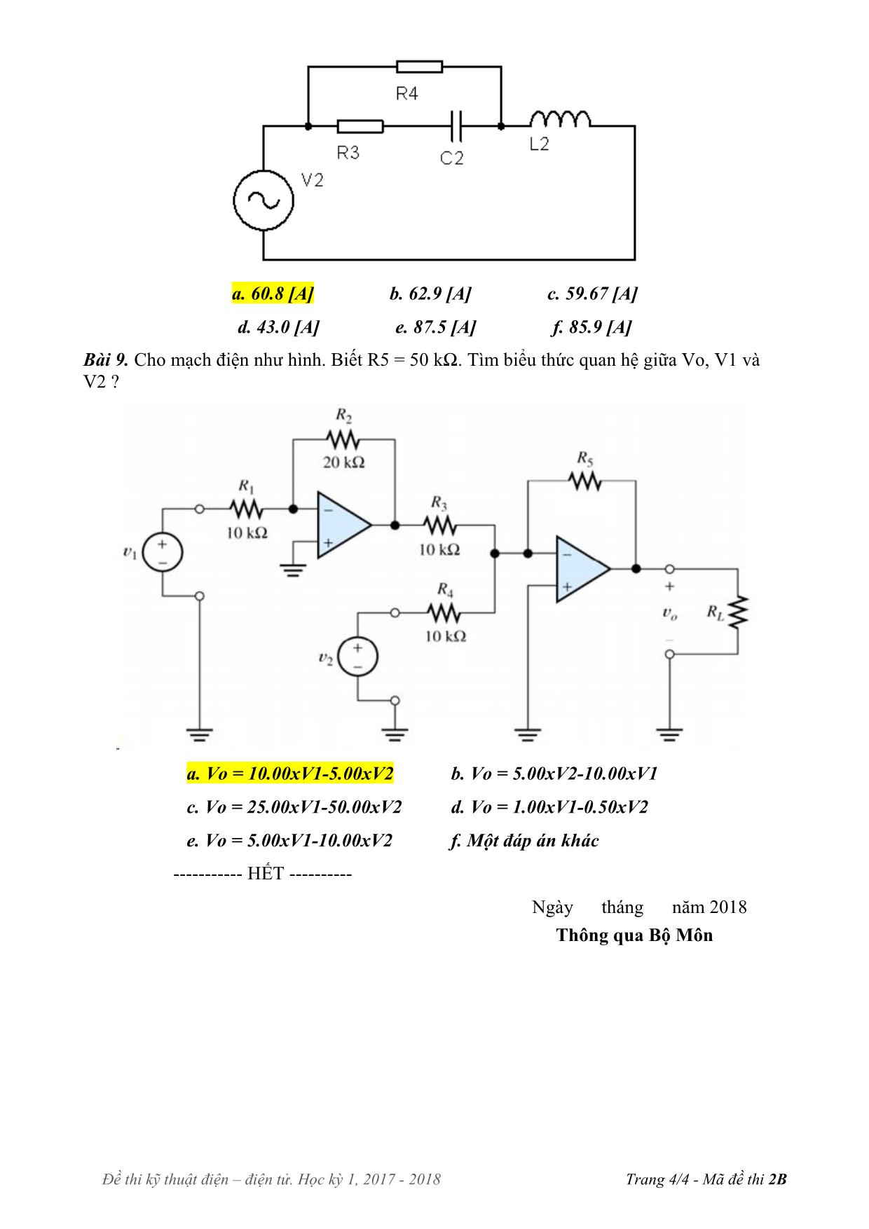 Đề thi Cuối kì môn Kỹ thuật điện, điện tử - Năm học 2017-2018 trang 4