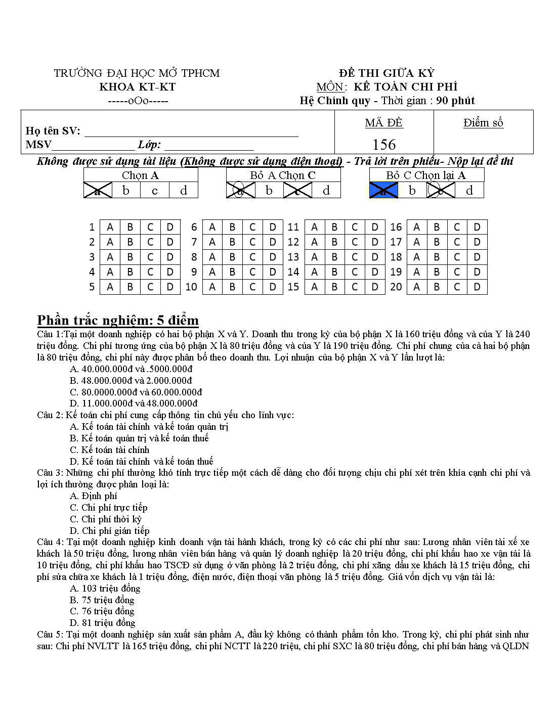 Đề thi giữa kỳ môn Kế toán chi phí - Mã đề 156 - Đại học Mở thành phố Hồ Chí Minh trang 1