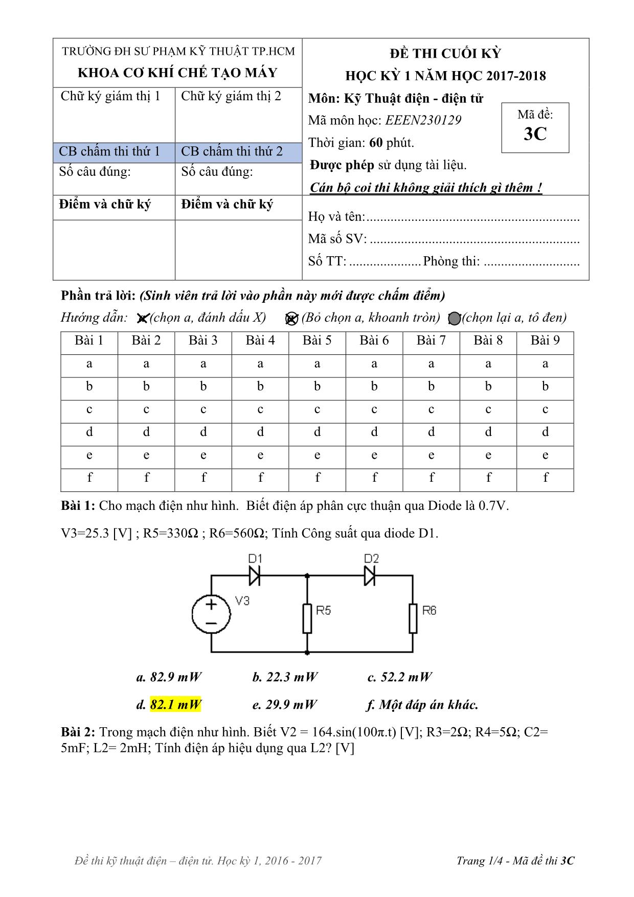 Đề thi Học kì 1 môn Kỹ thuật điện, điện tử - Năm học 2017-2018 trang 1