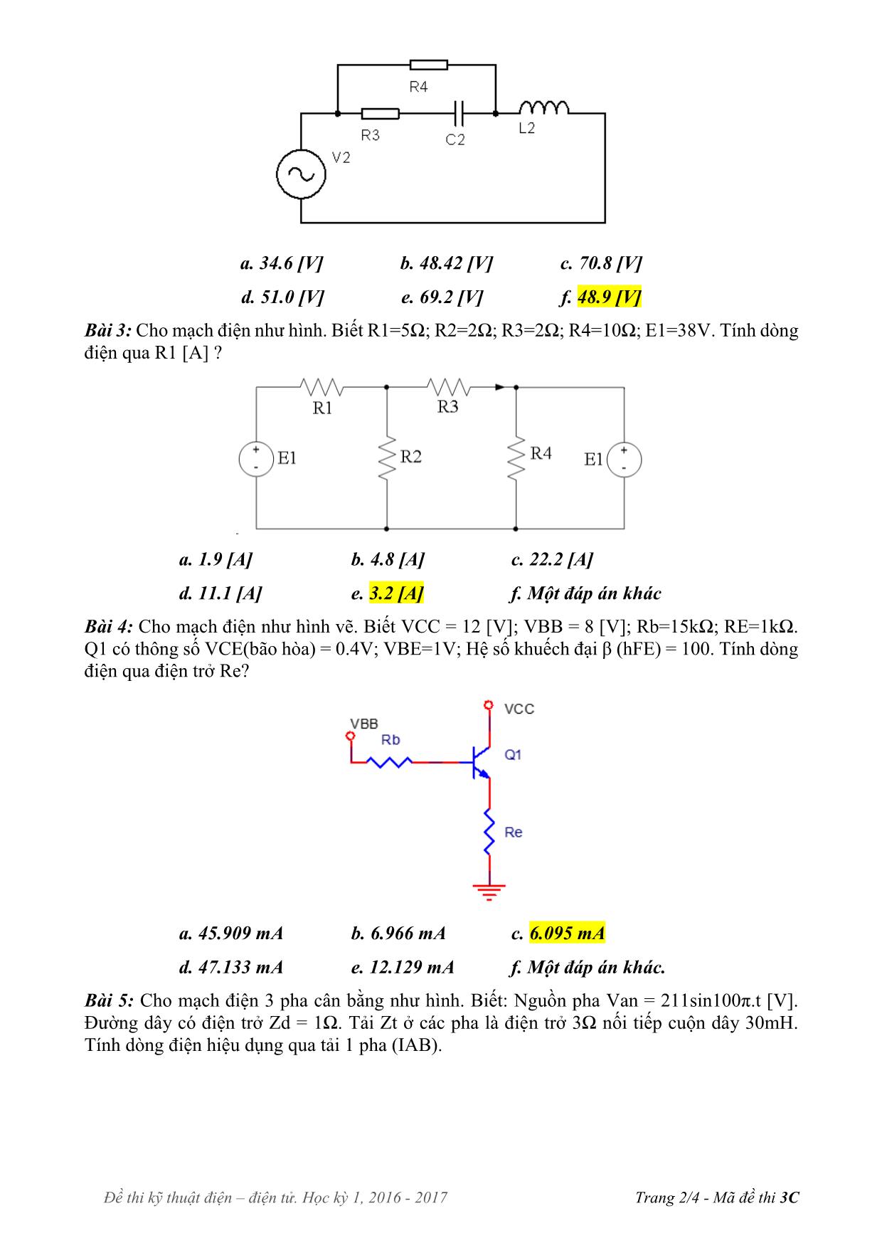 Đề thi Học kì 1 môn Kỹ thuật điện, điện tử - Năm học 2017-2018 trang 2