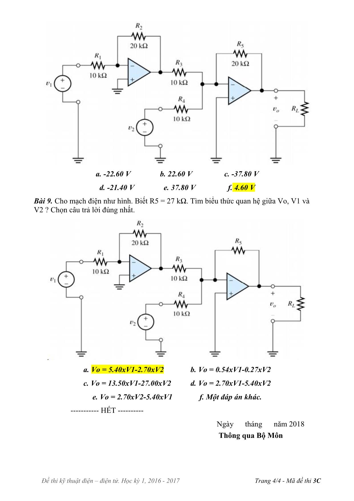Đề thi Học kì 1 môn Kỹ thuật điện, điện tử - Năm học 2017-2018 trang 4