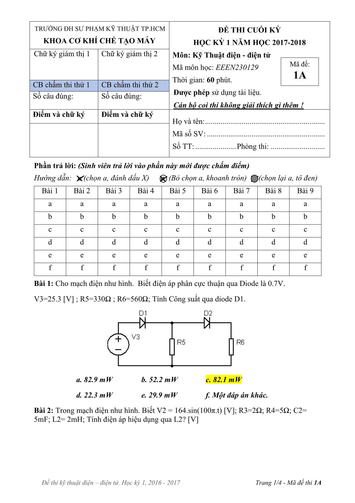 Đề thi Học kỳ 1 môn Kỹ thuật điện, điện tử - Năm học 2017-2018 trang 1