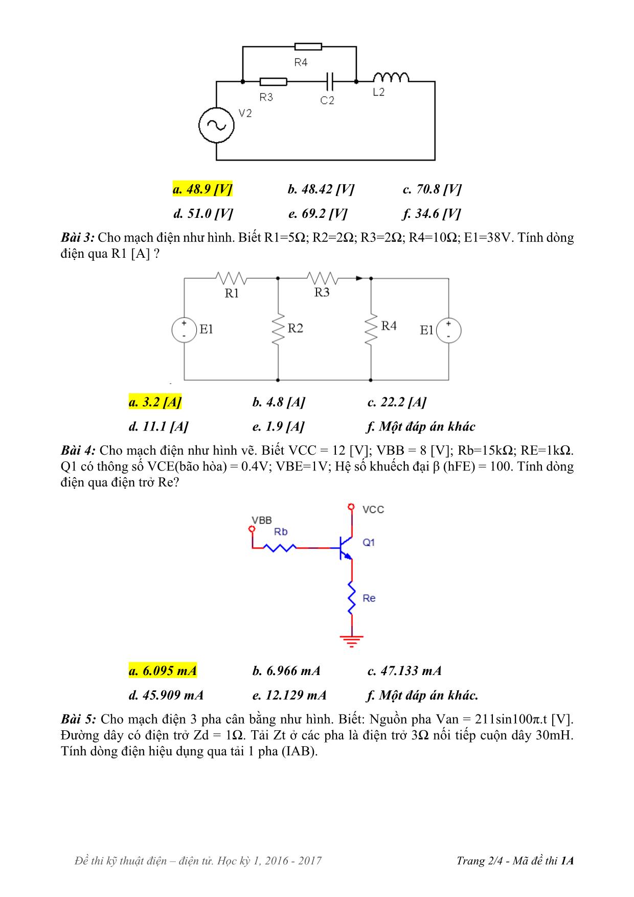 Đề thi Học kỳ 1 môn Kỹ thuật điện, điện tử - Năm học 2017-2018 trang 2