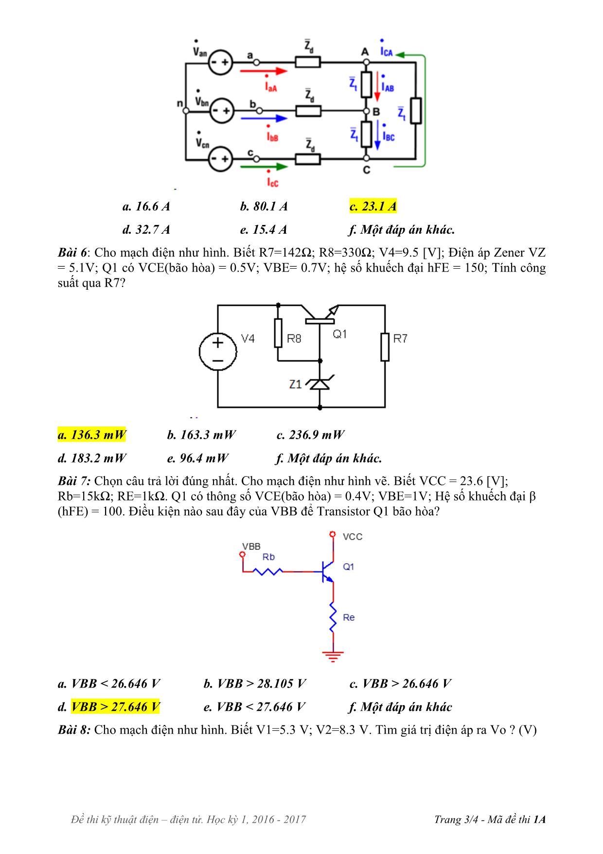 Đề thi Học kỳ 1 môn Kỹ thuật điện, điện tử - Năm học 2017-2018 trang 3