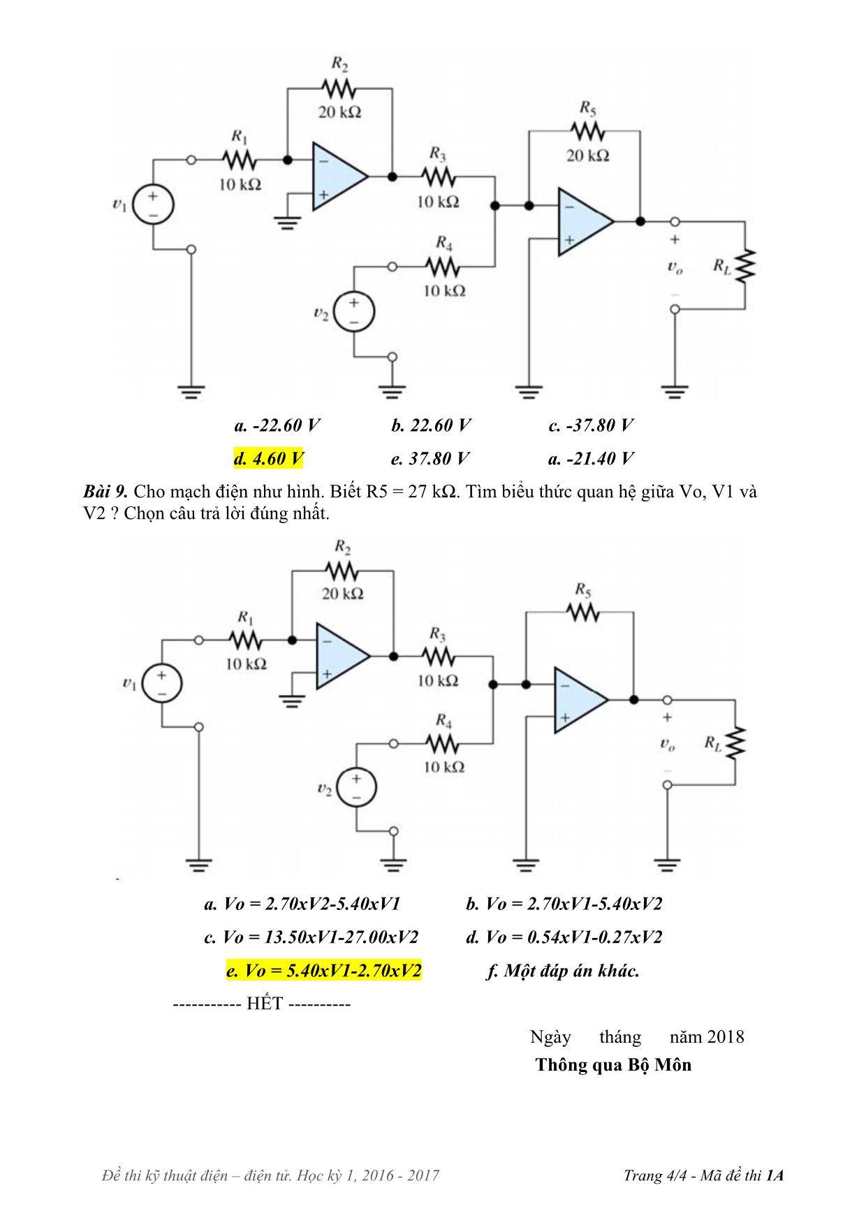 Đề thi Học kỳ 1 môn Kỹ thuật điện, điện tử - Năm học 2017-2018 trang 4