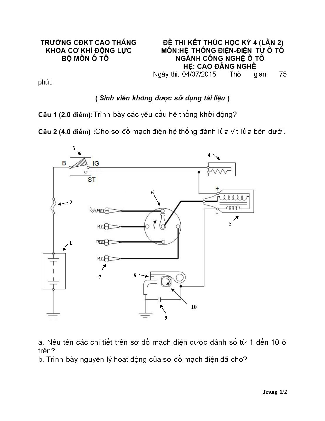 Đề thi kết thúc học kì 4 môn Hệ thống điện, điện tử ô tô trang 1