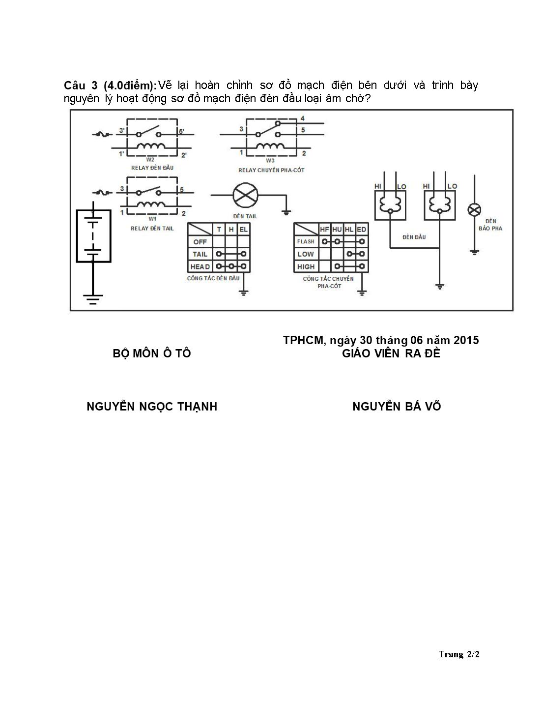 Đề thi kết thúc học kì 4 môn Hệ thống điện, điện tử ô tô trang 2