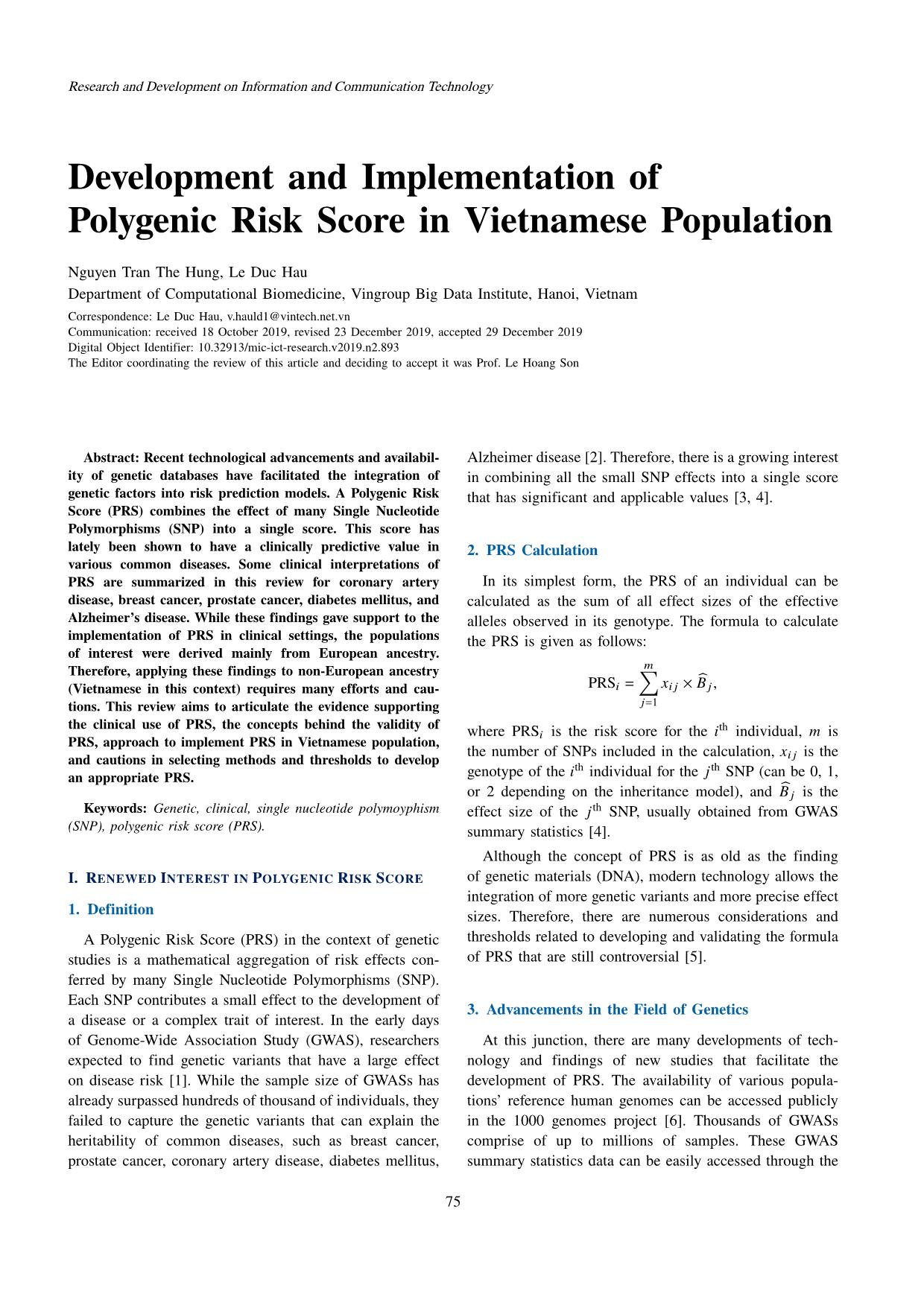 Development and implementation of polygenic risk score in Vietnamese population trang 1
