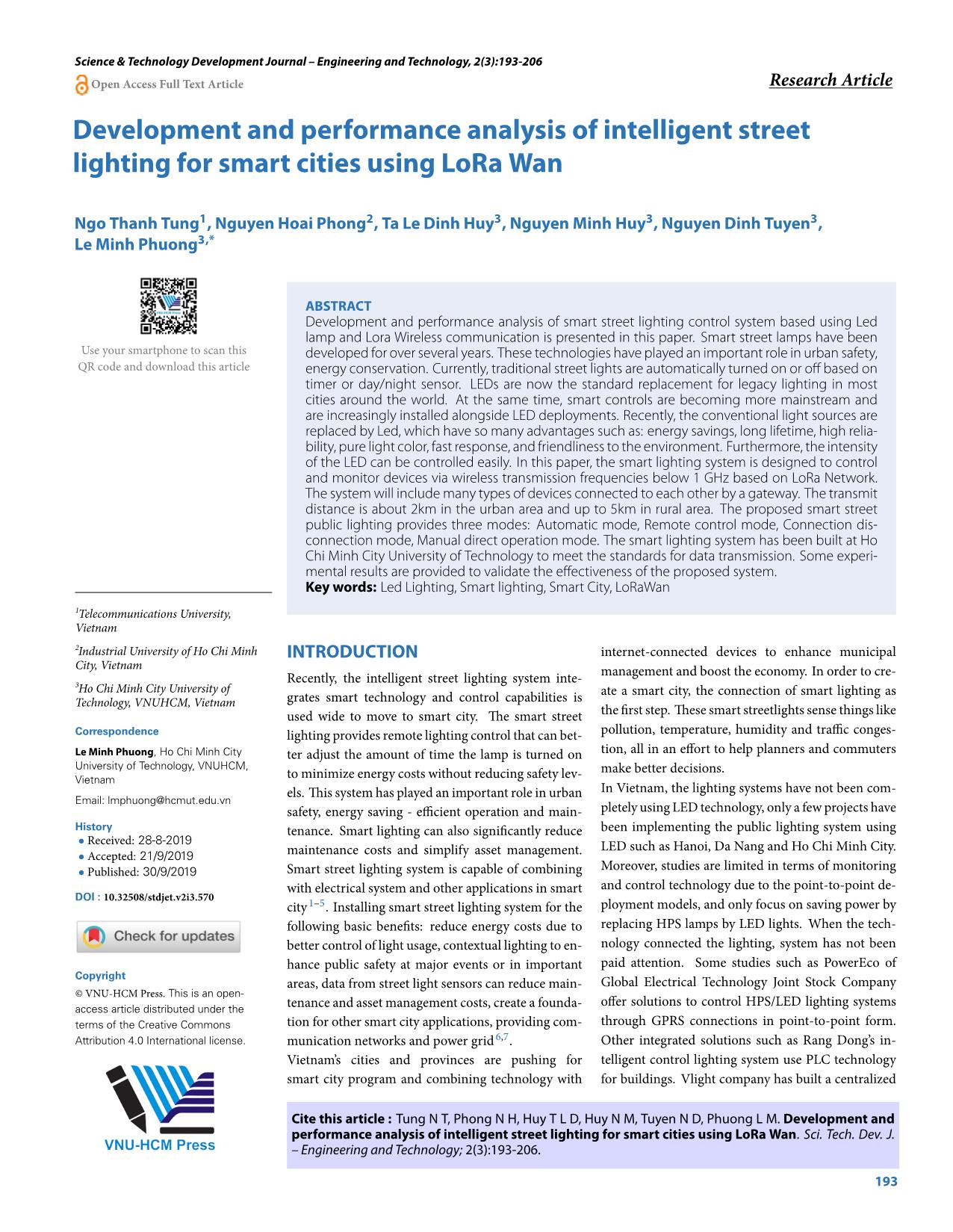 Development and performance analysis of intelligent street lighting for smart cities using LoRa Wan trang 1