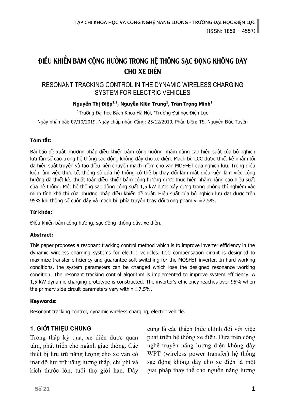 Điều khiển bám cộng hưởng trong hệ thống sạc động không dây cho xe điện trang 1