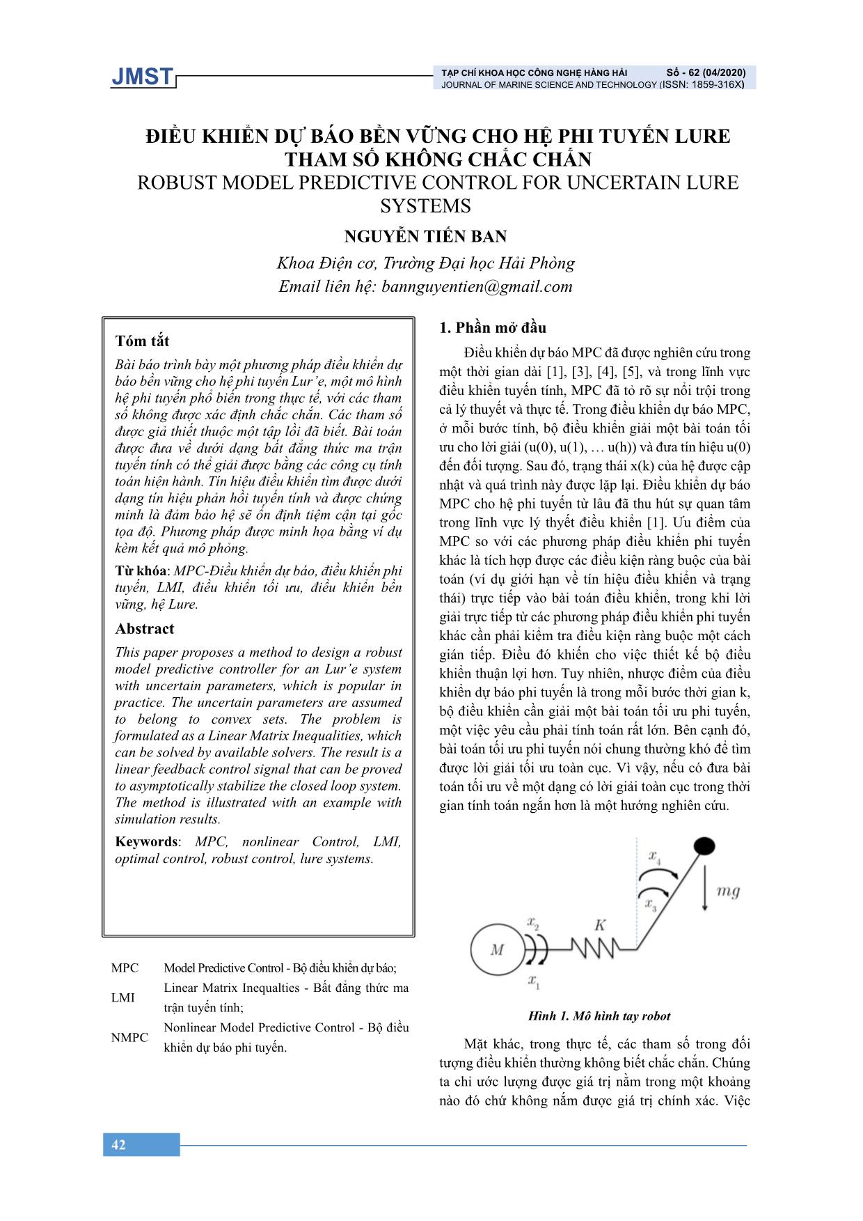 Điều khiển dự báo bền vững cho hệ phi tuyến lure tham số không chắc chắn trang 1