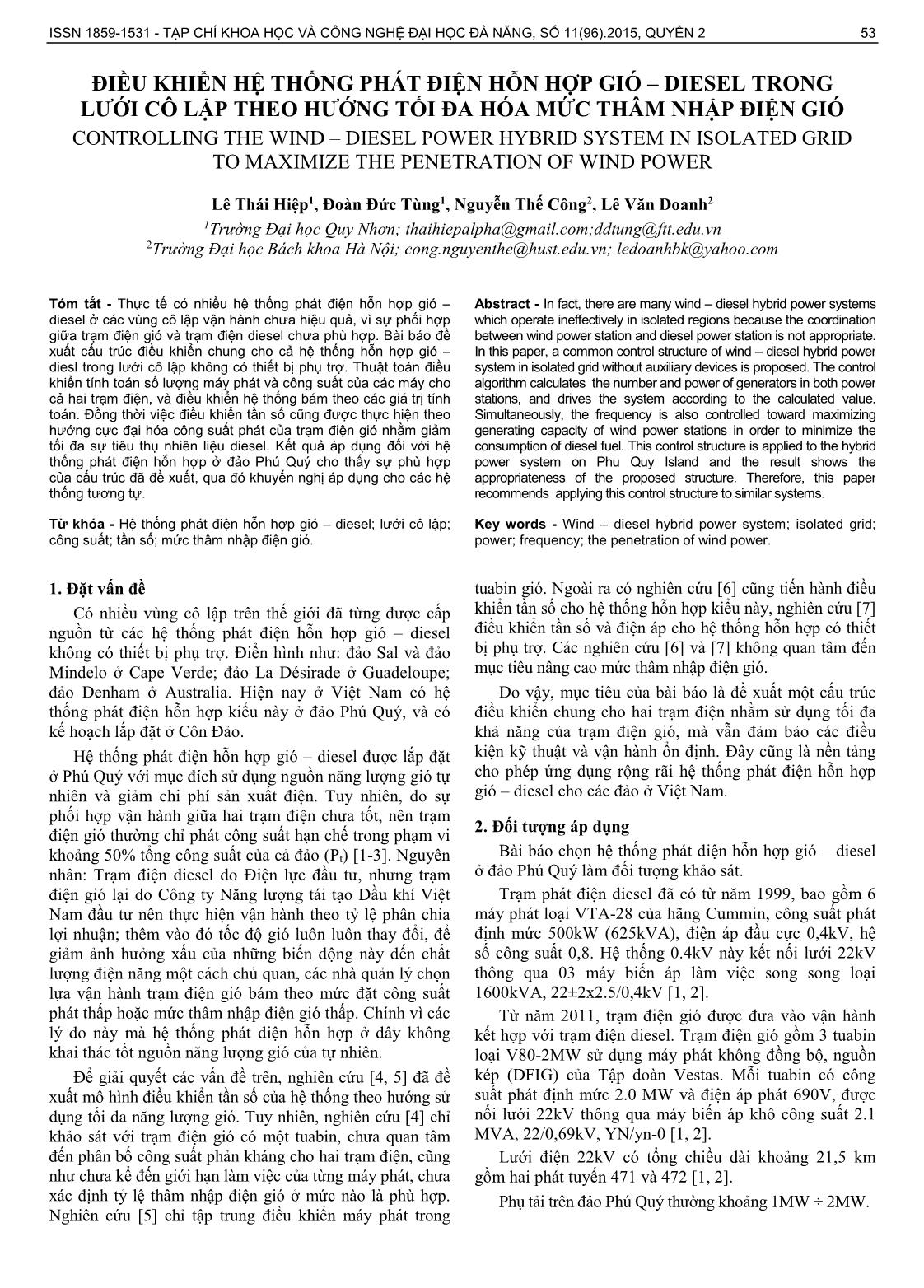 Điều khiển hệ thống phát điện hỗn hợp gió – Diesel trong lưới cô lập theo hướng tối đa hóa mức thâm nhập điện gió trang 1