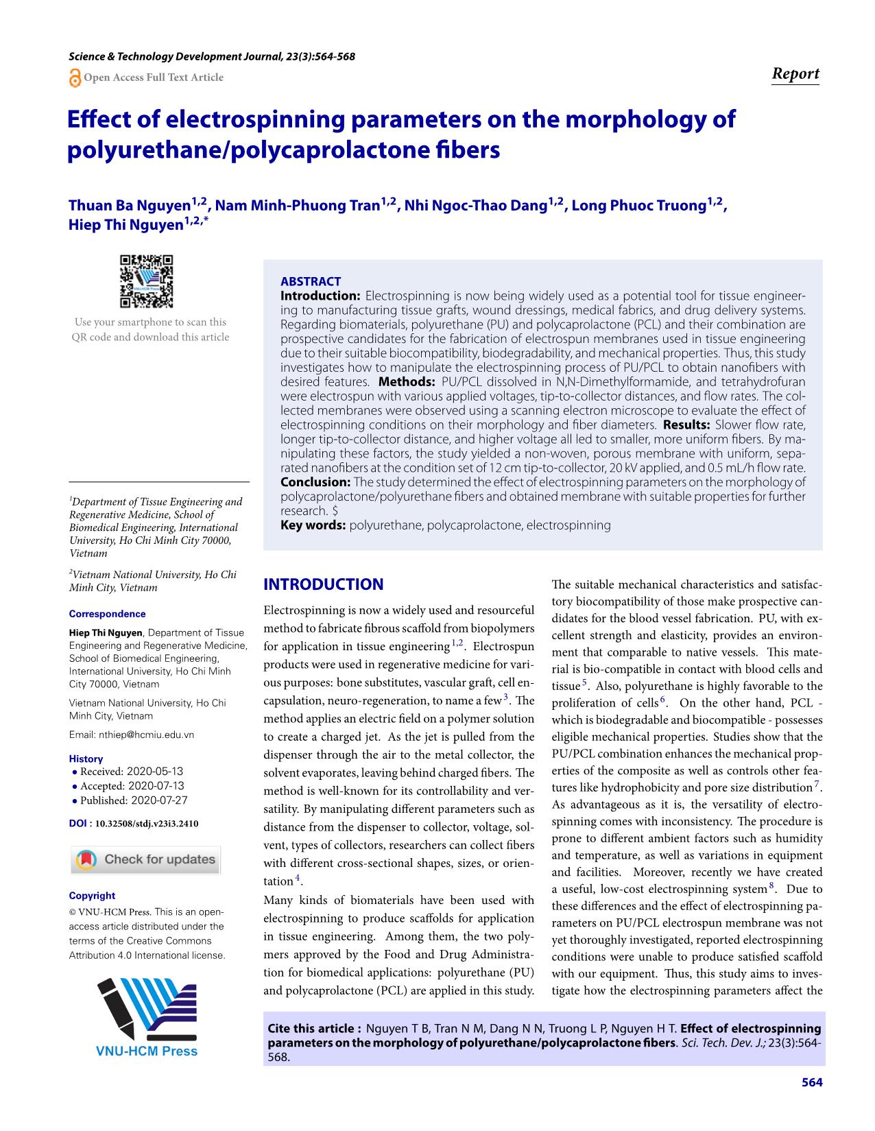 Effect of electrospinning parameters on the morphology of polyurethane/polycaprolactone fibers trang 1