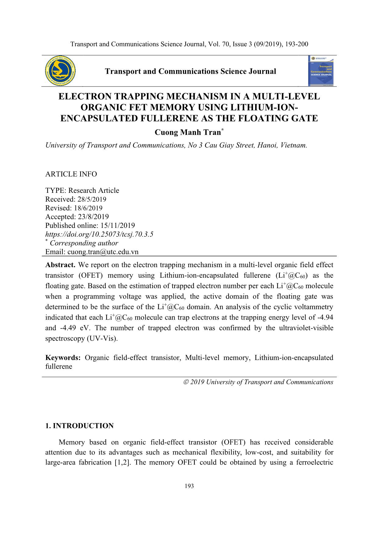 Electron trapping mechanism in a multi - level organic fet memory using lithium-ionencapsulated fullerene as the floating gate trang 1