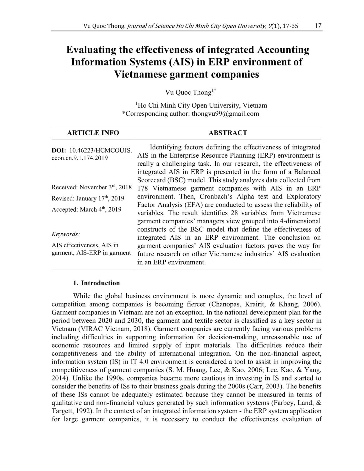 Evaluating the effectiveness of integrated accounting information Systems (AIS) in ERP environment of Vietnamese garment companies trang 1