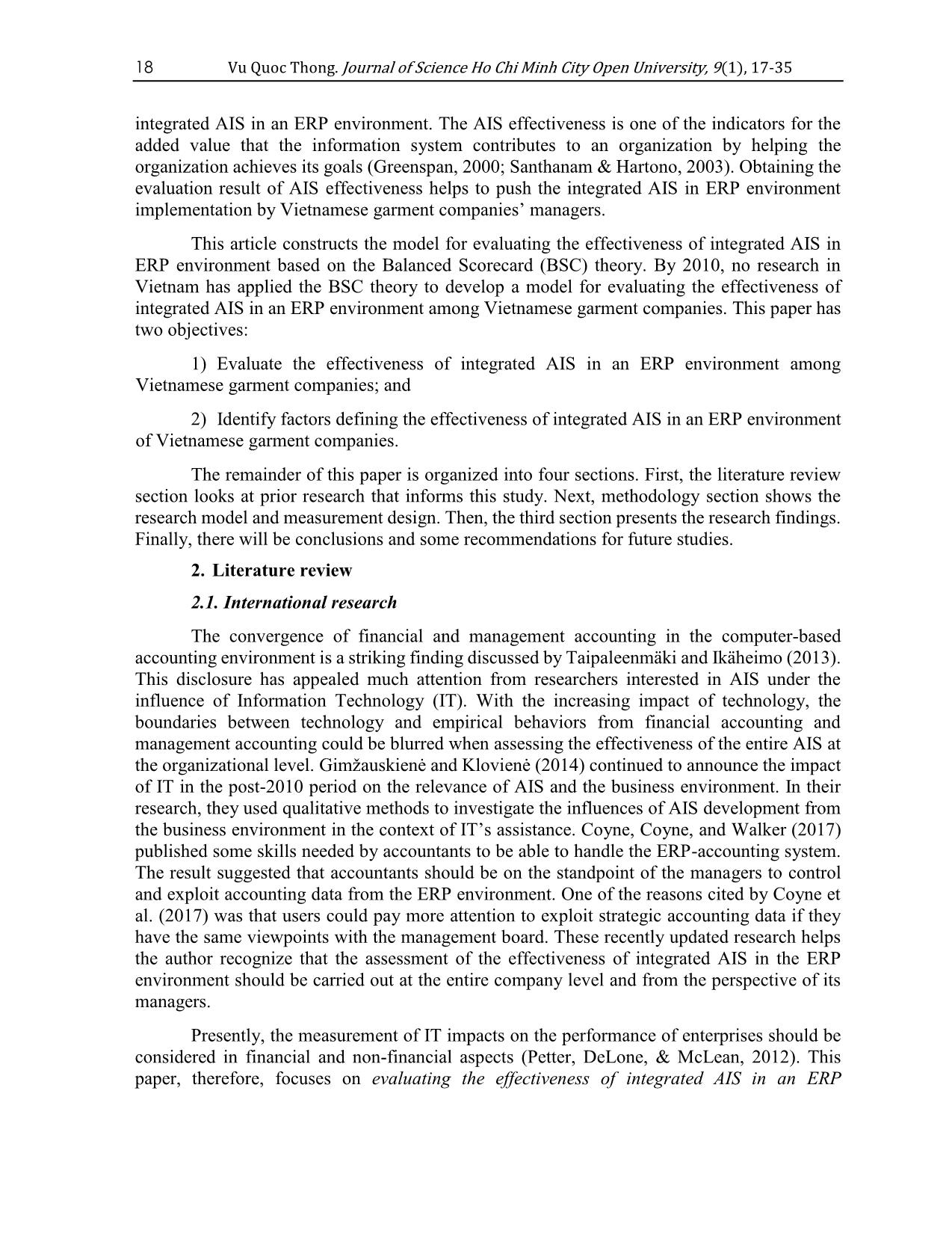 Evaluating the effectiveness of integrated accounting information Systems (AIS) in ERP environment of Vietnamese garment companies trang 2