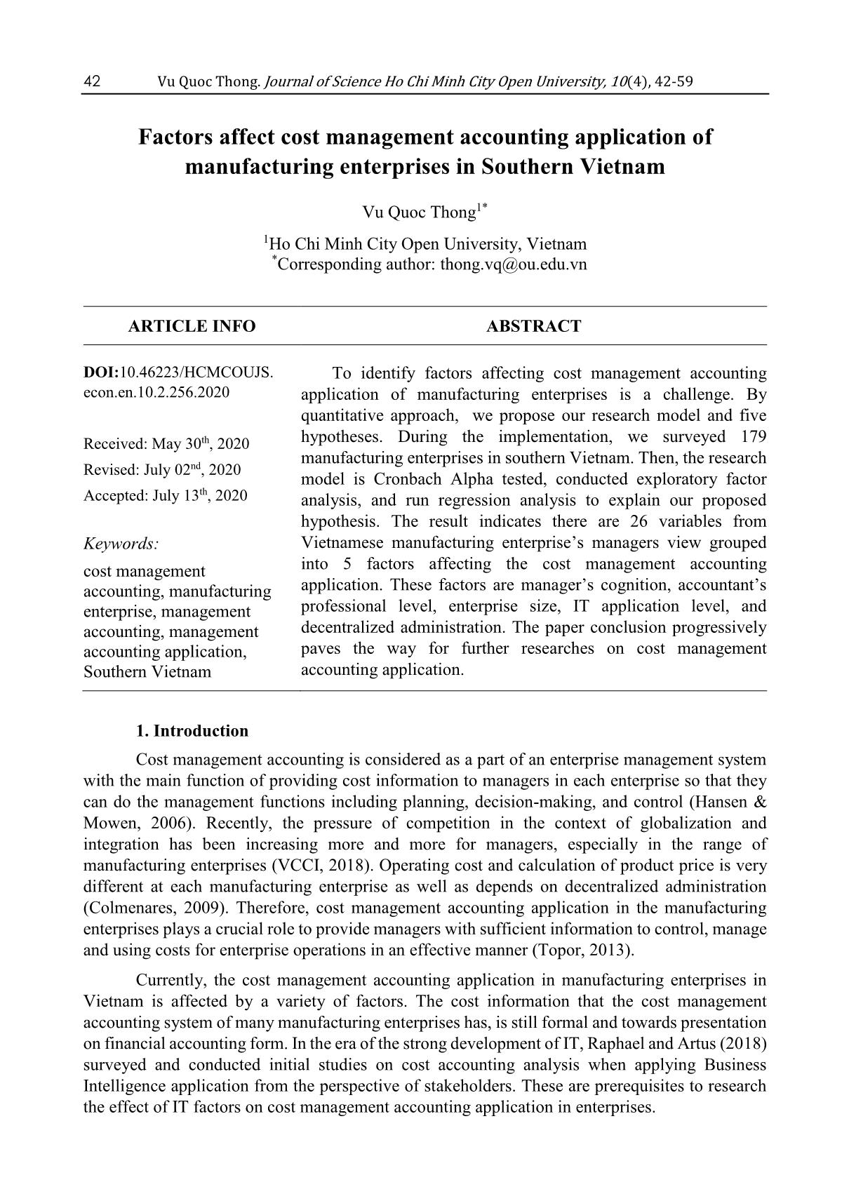 Factors affect cost management accounting application of manufacturing enterprises in Southern Vietnam trang 1