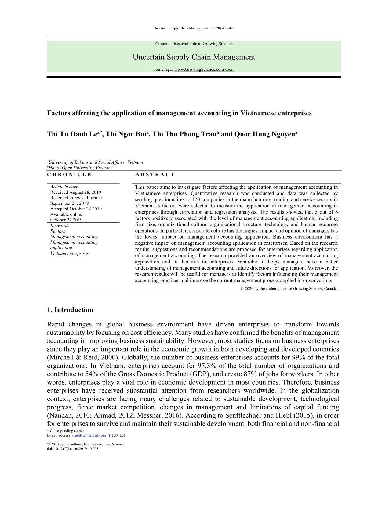 Factors affecting the application of management accounting in Vietnamese enterprises trang 1