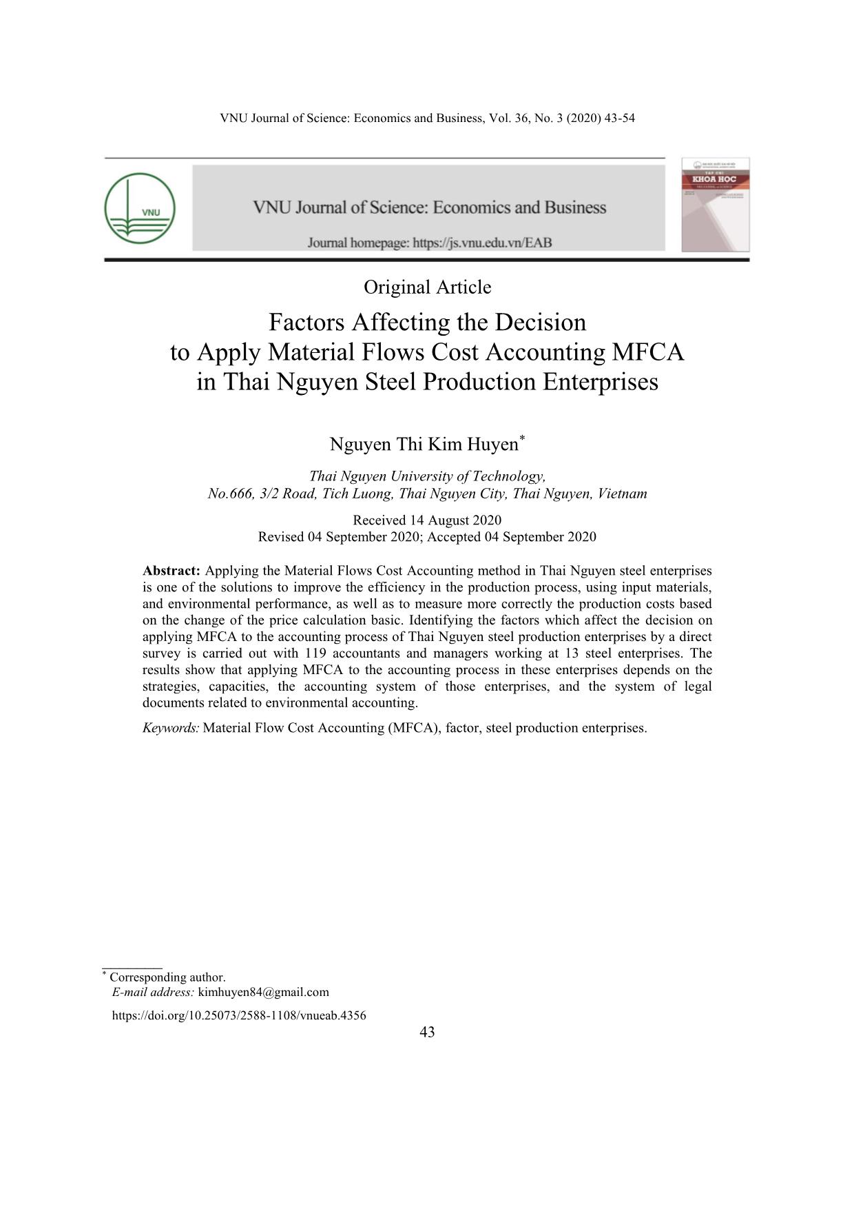 Factors affecting the decision to apply material flows cost accounting MFCA in Thai Nguyen steel production enterprises trang 1