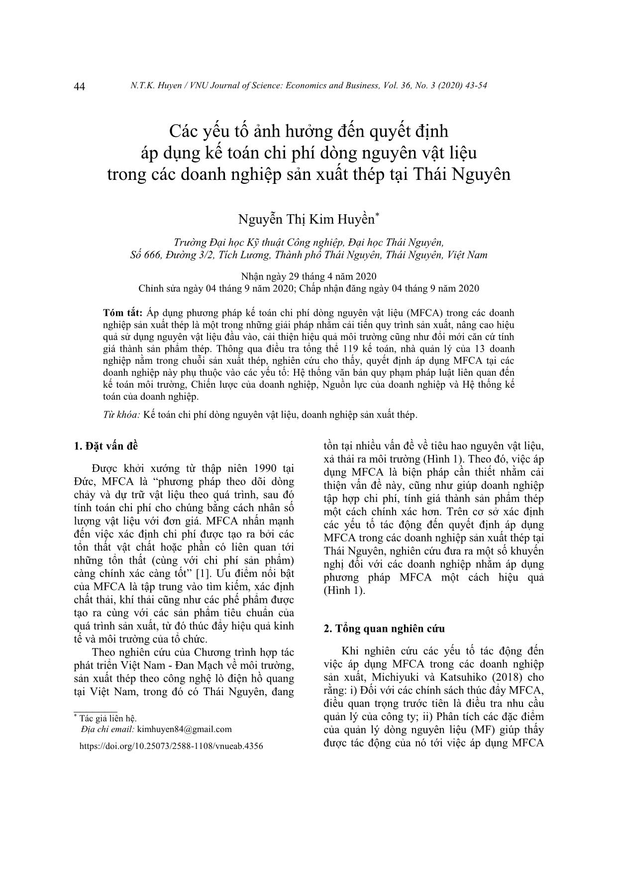 Factors affecting the decision to apply material flows cost accounting MFCA in Thai Nguyen steel production enterprises trang 2