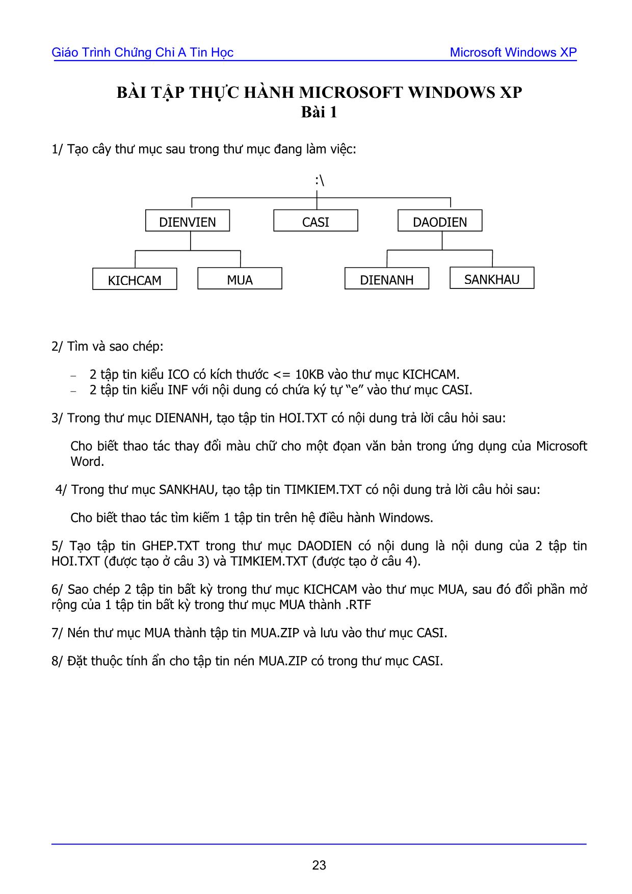 Giáo trình Chứng chỉ A tin học - Bài 1: Bài tập thực hành Microsoft Windows XP trang 1