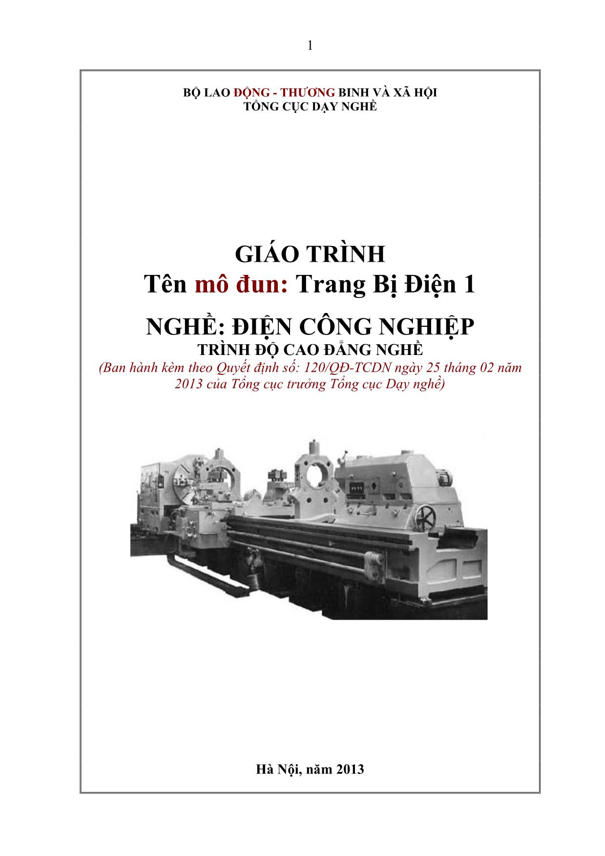 Giáo trình Mô đun 22: Trang bị điện 1 - Điện công nghiệp trang 1