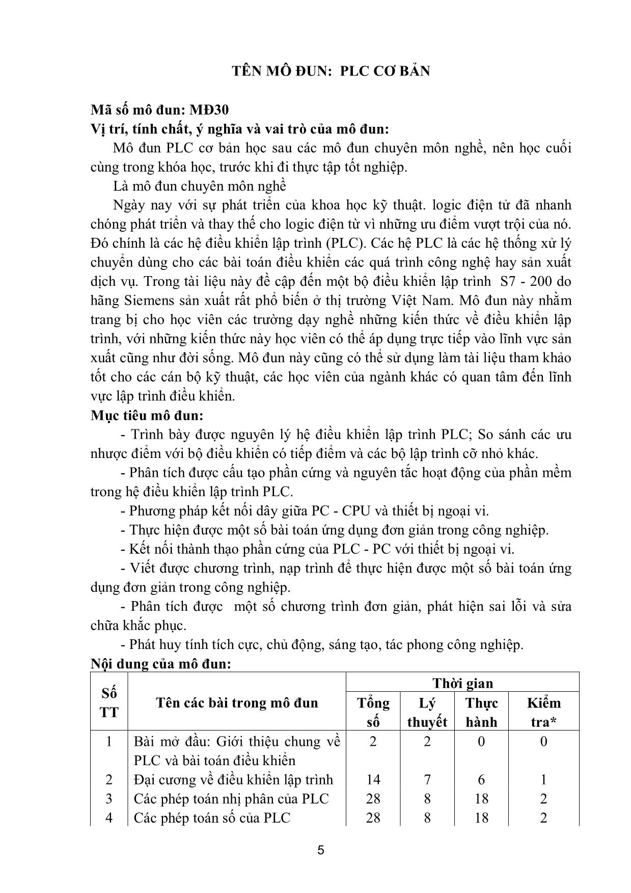 Giáo trình Mô đun 30: PLC cơ bản - Điện công nghiệp trang 5