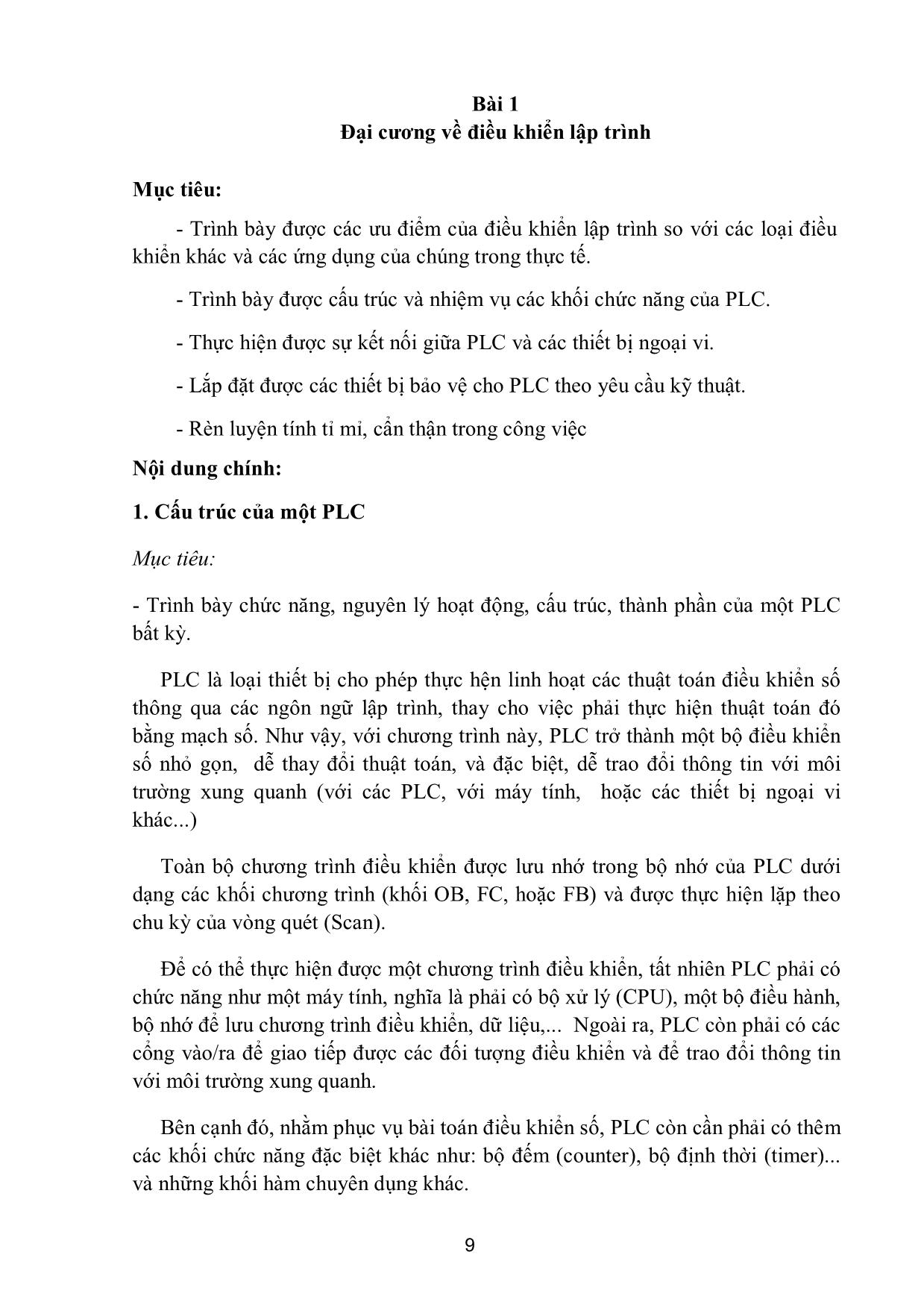 Giáo trình Mô đun 30: PLC cơ bản - Điện công nghiệp trang 9