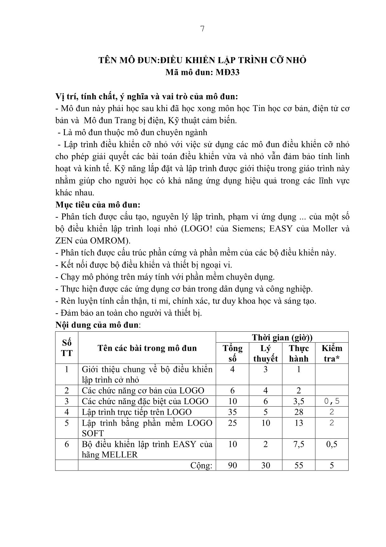 Giáo trình Mô đun Chuyên đề lập trình cỡ nhỏ - Điện công nghiệp trang 7