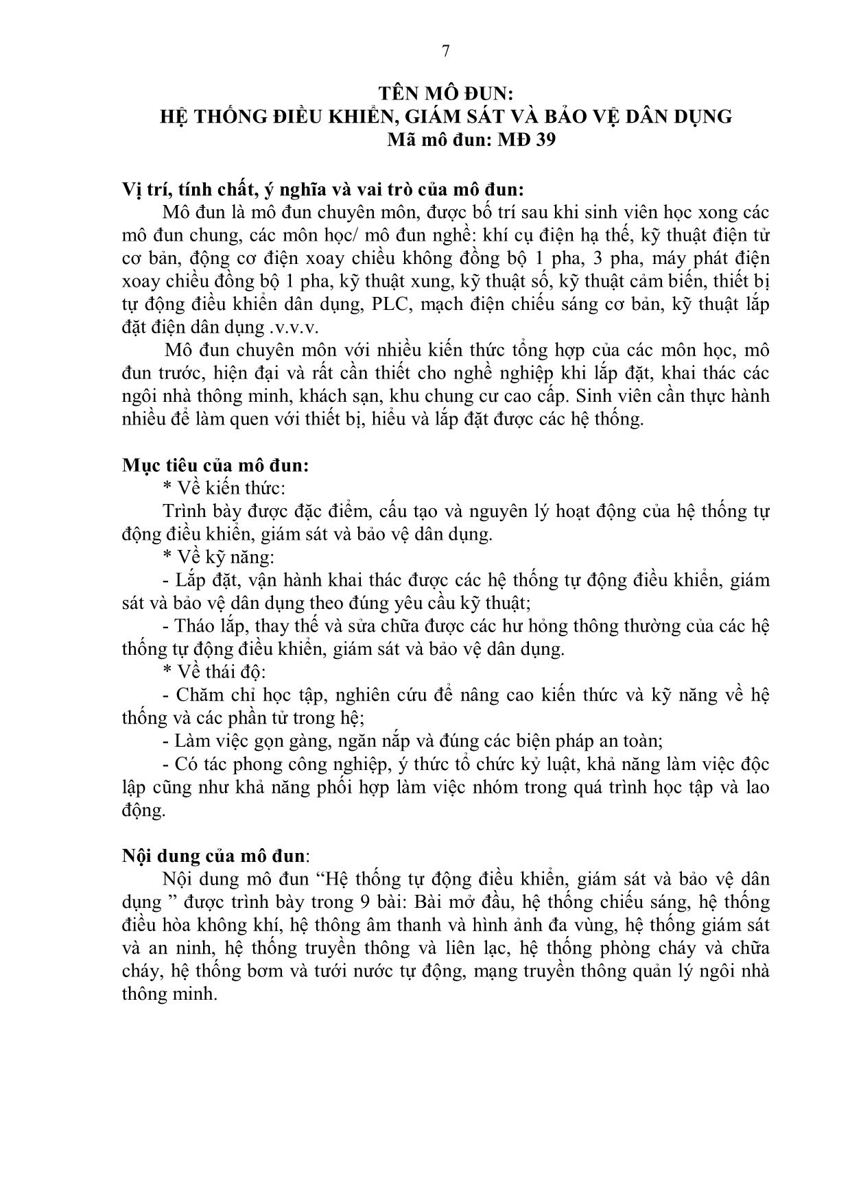 Giáo trình Mô đun Hệ thống tự động điều khiển, giám sát và bảo vệ dân dụng - Điện dân dụng trang 7