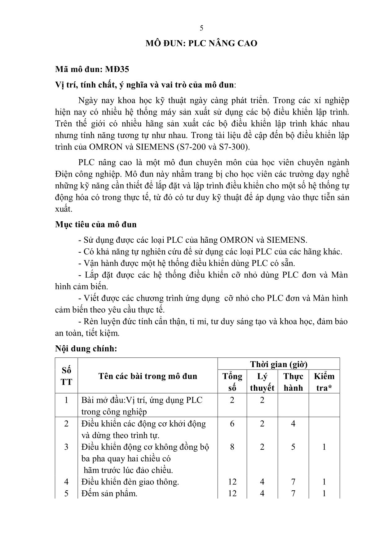 Giáo trình Mô đun PLC nâng cao - Điện công nghiệp trang 5