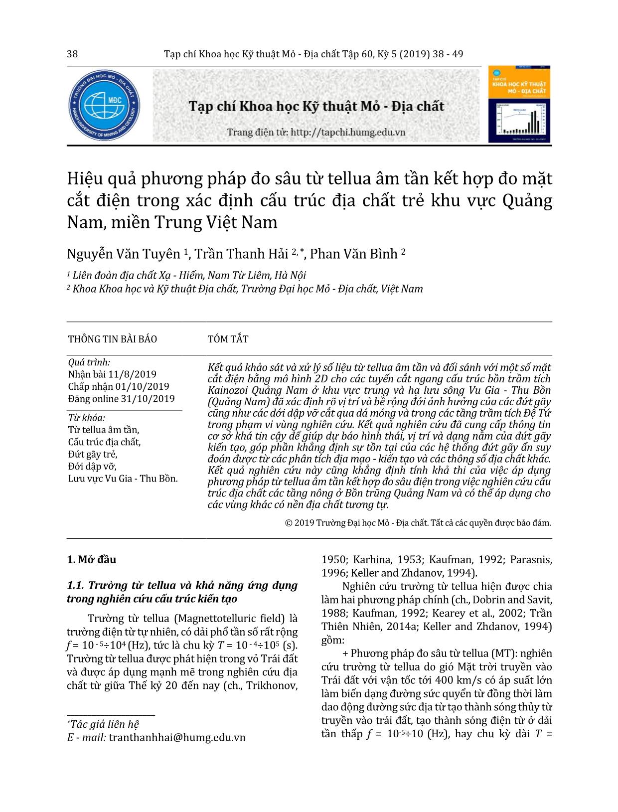 Hiệu quả phương pháp đo sâu từ tellua âm tần kết hợp đo mặt cắt điện trong xác định cấu trúc địa chất trẻ khu vực Quảng Nam, miền Trung Việt Nam trang 1