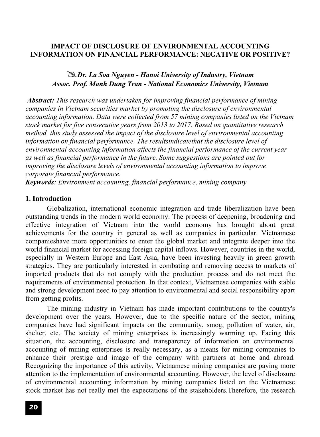 Impact of disclosure of environmental accounting information on financial performance: Negative or positive? trang 1