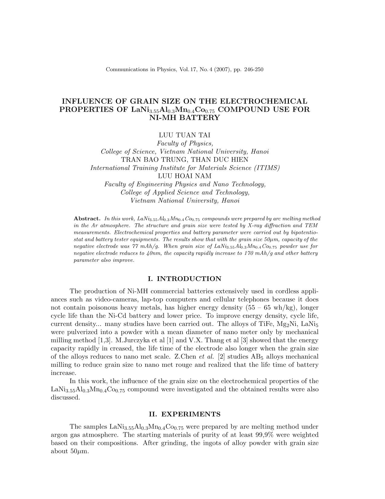 Influence of grain size on the electrochemical properties of LaNi3.55Al0.3Mn0.4Co0.75 compound use for ni-Mh battery trang 1