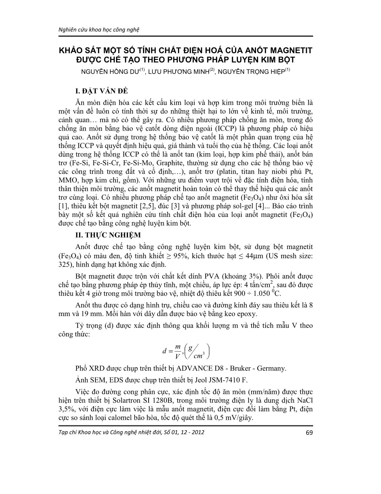 Khảo sát một số tính chất điện hoá của anốt magnetit được chế tạo theo phương pháp luyện kim bột trang 1