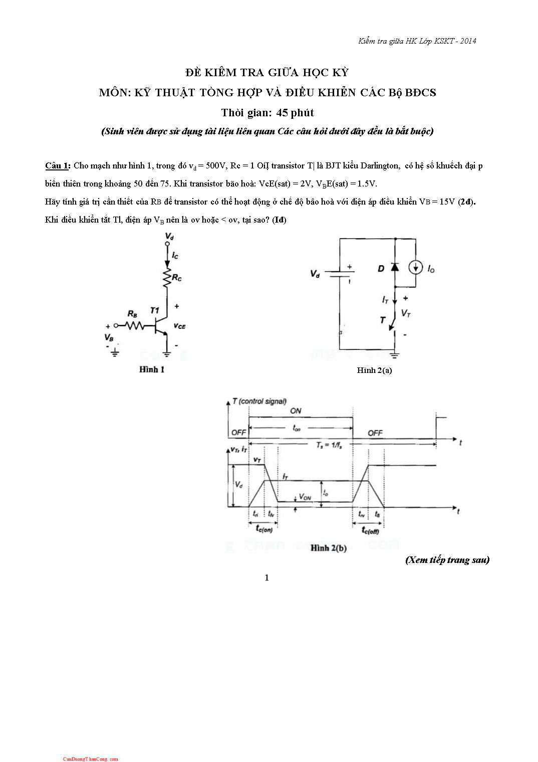 Kiểm tra giữa học kì môn Kỹ thuật tổng hợp và điều khiển các bộ BĐCS trang 1