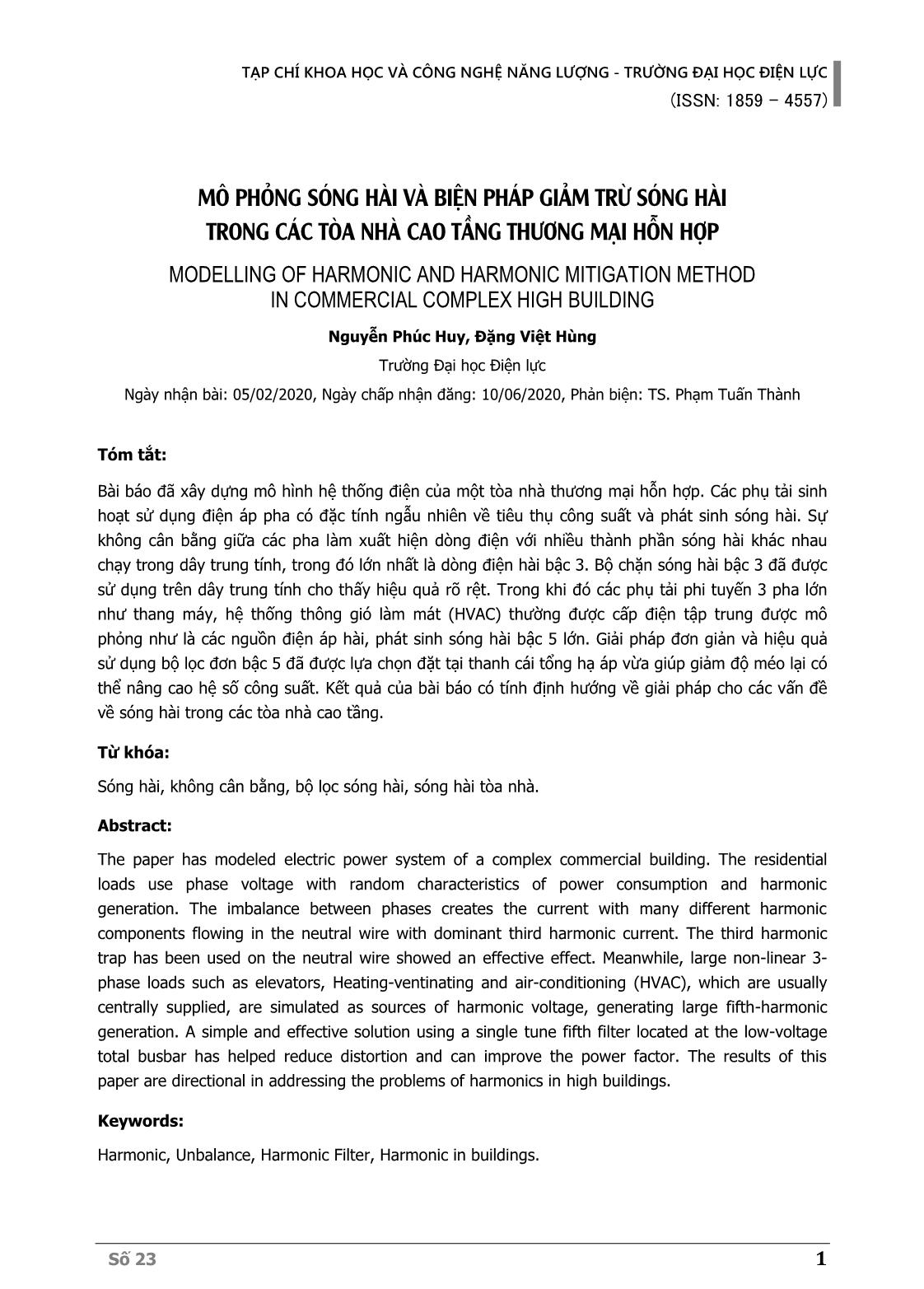 Mô phỏng sóng hài và biện pháp giảm trừ sóng hài trong các tòa nhà cao tầng thương mại hỗn hợp trang 1