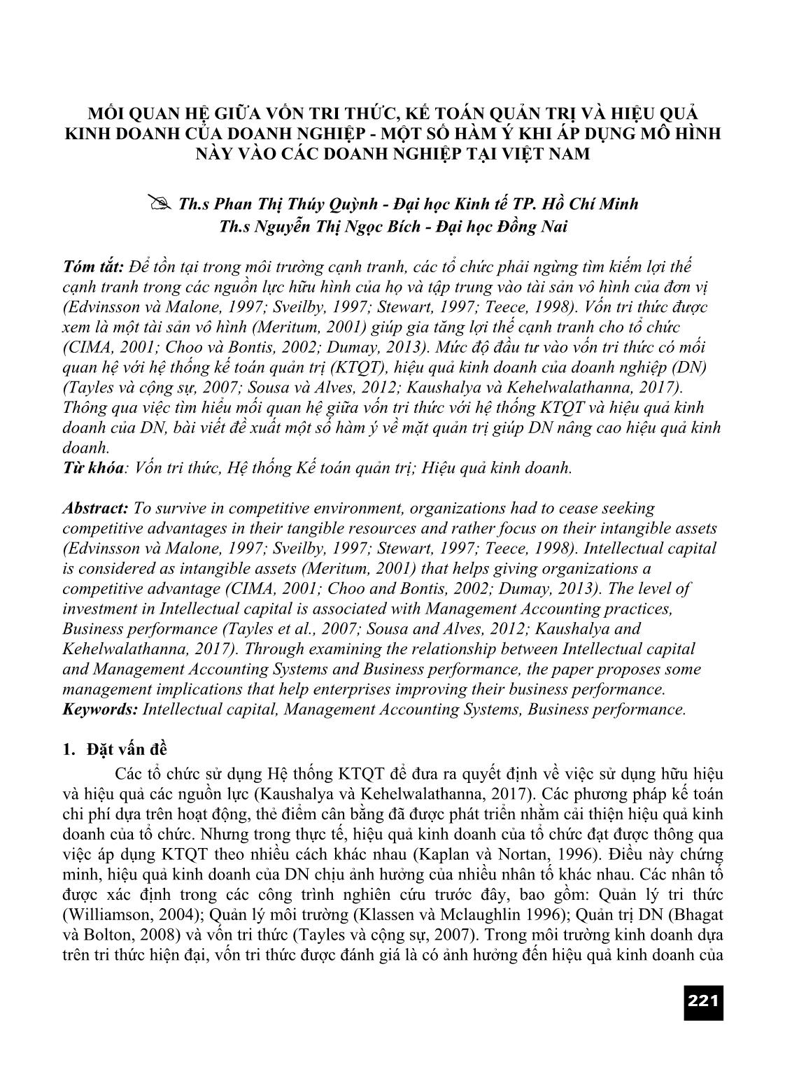 Mối quan hệ giữa vốn tri thức, kế toán quản trị và hiệu quả kinh doanh của doanh nghiệp - Một số hàm ý khi áp dụng mô hình này vào các doanh nghiệp tại Việt Nam trang 1
