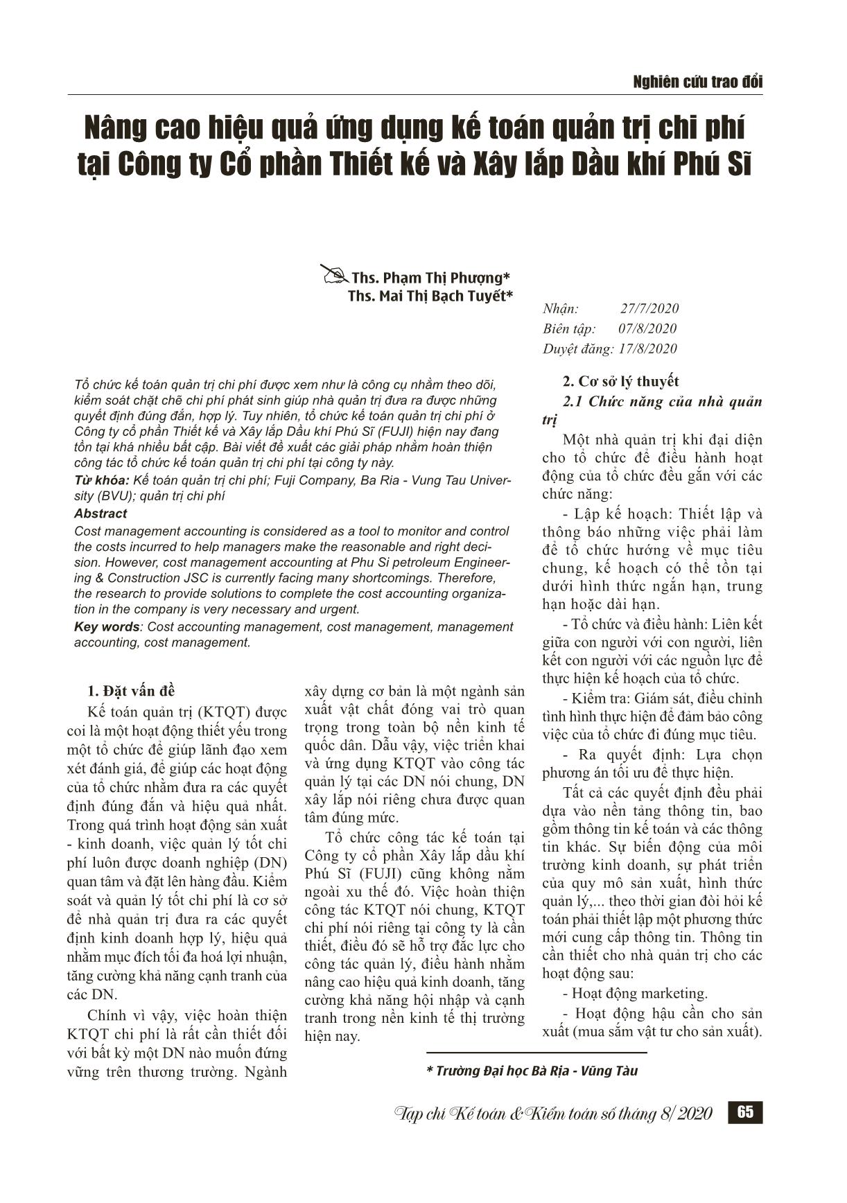 Nâng cao hiệu quả ứng dụng kế toán quản trị chi phí tại Công ty Cổ phần Thiết kế và Xây lắp Dầu khí Phú Sĩ trang 1