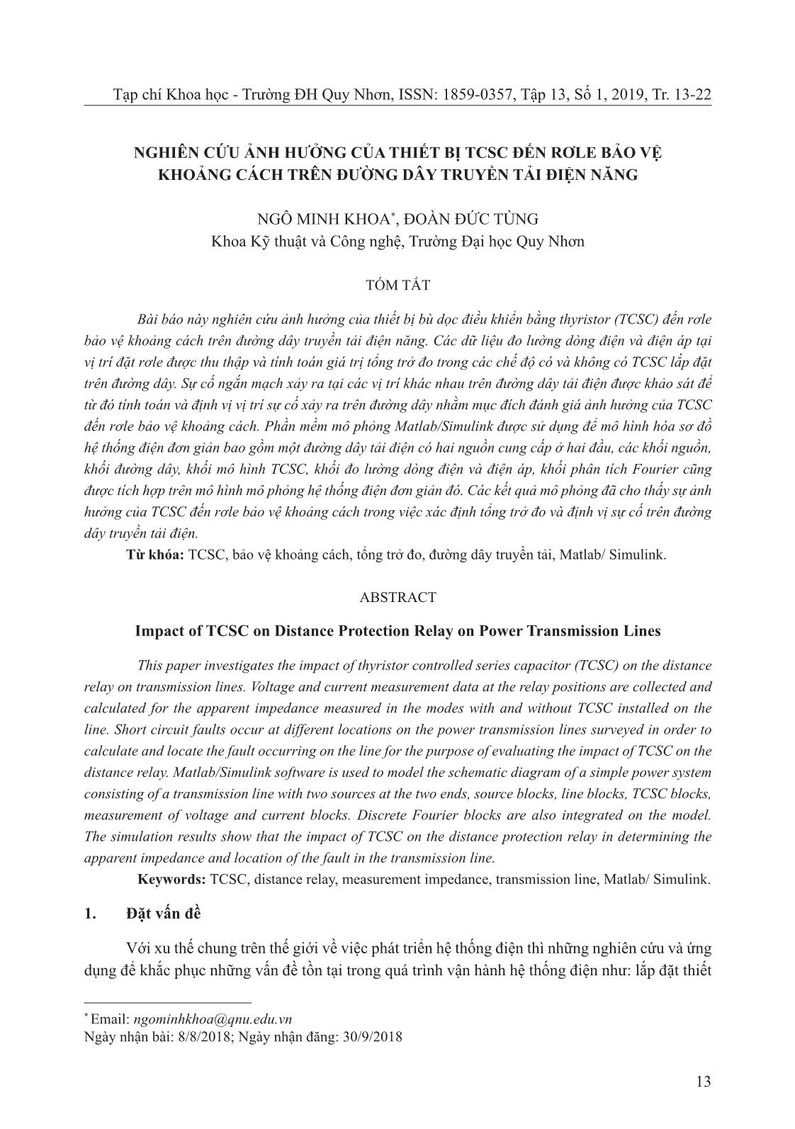 Nghiên cứu ảnh hưởng của thiết bị TCSC đến rơle bảo vệ khoảng cách trên đường dây truyền tải điện năng trang 1