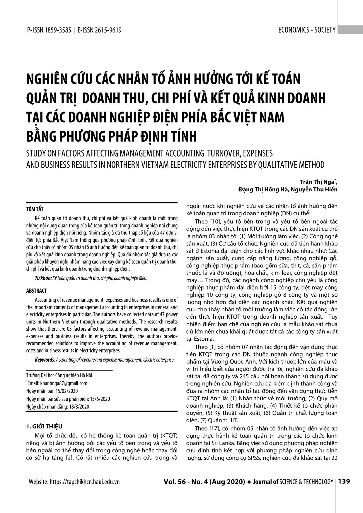Nghiên cứu các nhân tố ảnh hưởng tới kế toán quản trị doanh thu, chi phí và kết quả kinh doanh tại các doanh nghiệp điện phía Bắc Việt Nam bằng phương pháp định tính trang 1