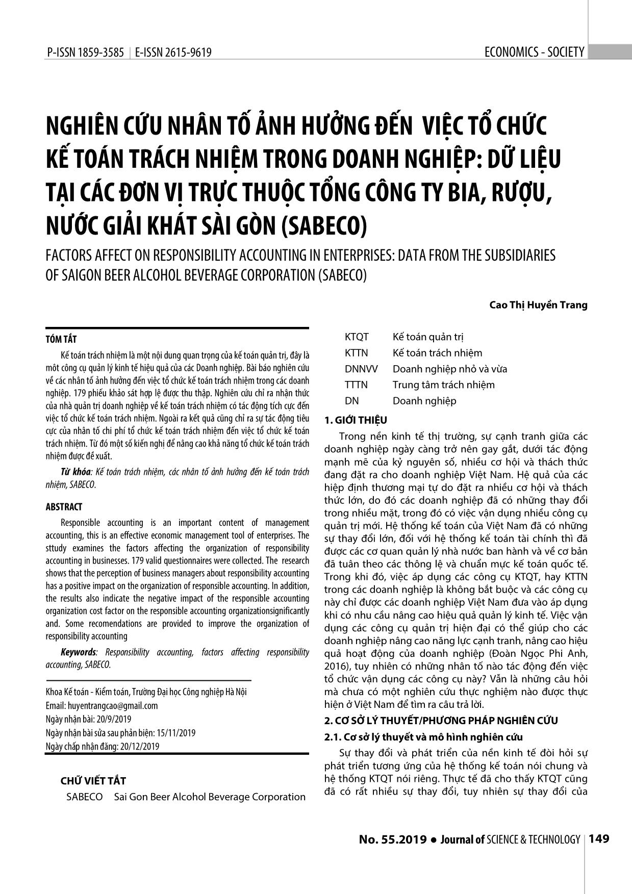 Nghiên cứu nhân tố ảnh hưởng đến việc tổ chức kế toán trách nhiệm trong doanh nghiệp: Dữ liệu tại các đơn vị trực thuộc Tổng công ty bia, rượu, nước giải khát Sài Gòn (Sabeco) trang 1