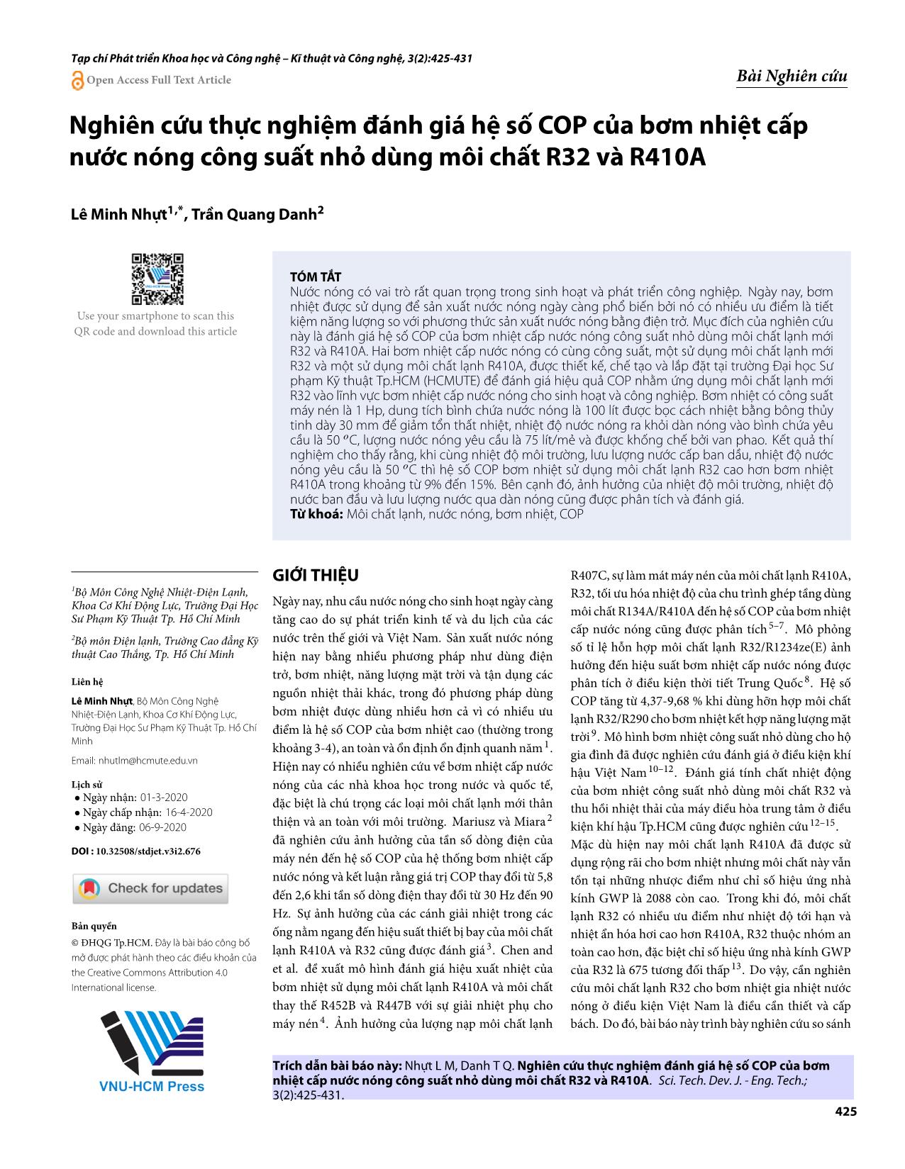 Nghiên cứu thực nghiệm đánh giá hệ số COP của bơm nhiệt cấp nước nóng công suất nhỏ dùng môi chất R32 và R410A trang 1