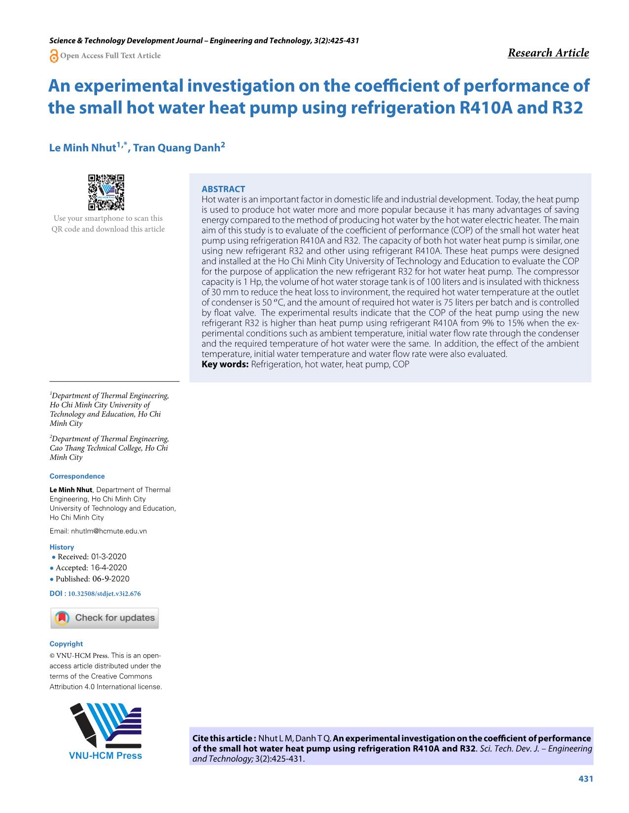 Nghiên cứu thực nghiệm đánh giá hệ số COP của bơm nhiệt cấp nước nóng công suất nhỏ dùng môi chất R32 và R410A trang 7