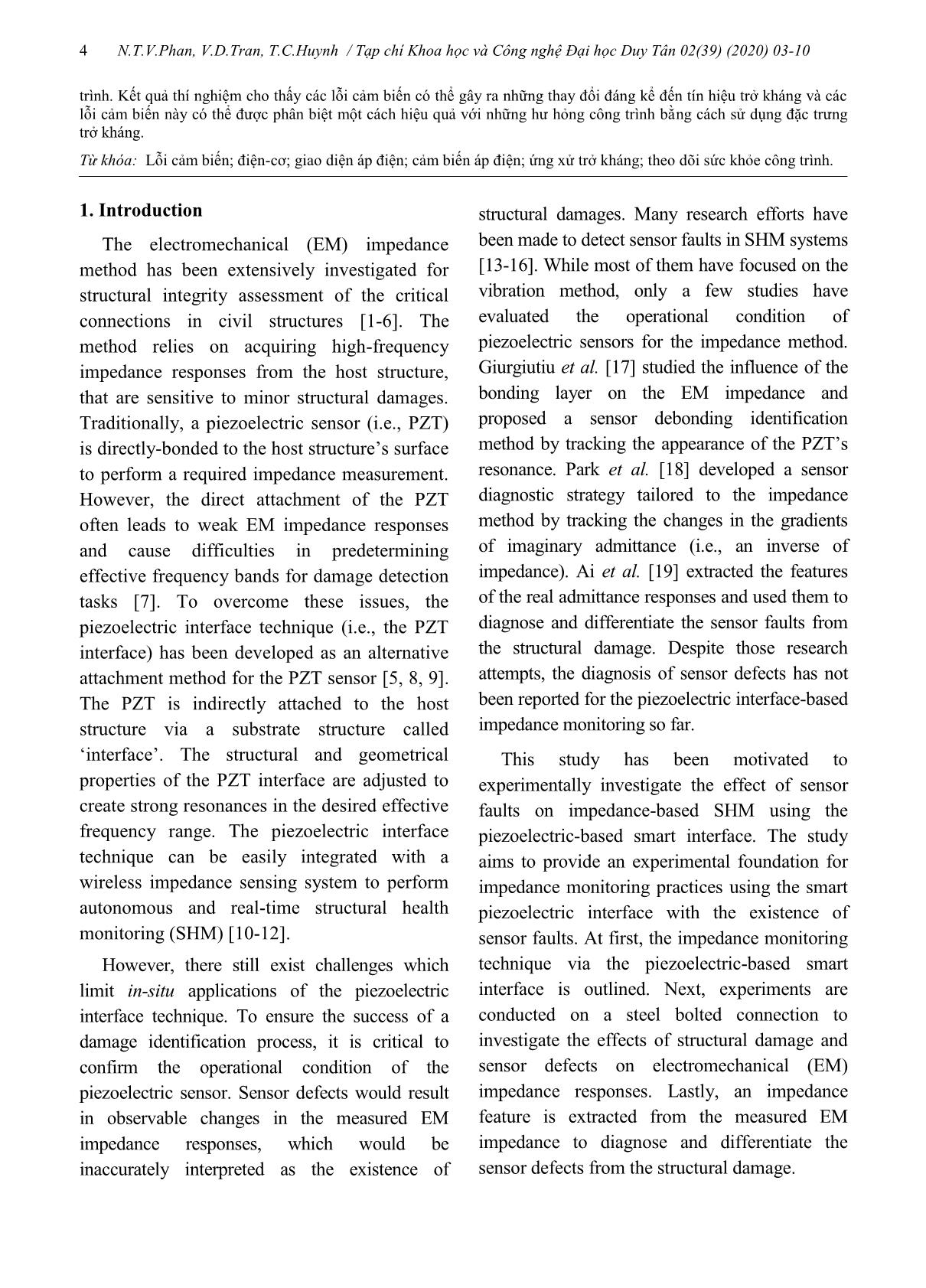 Nghiên cứu thực nghiệm về chẩn đoán lỗi cảm biến cho việc giám sát sức khỏe kết cấu bằng kỹ thuật giao diện áp điện trang 2