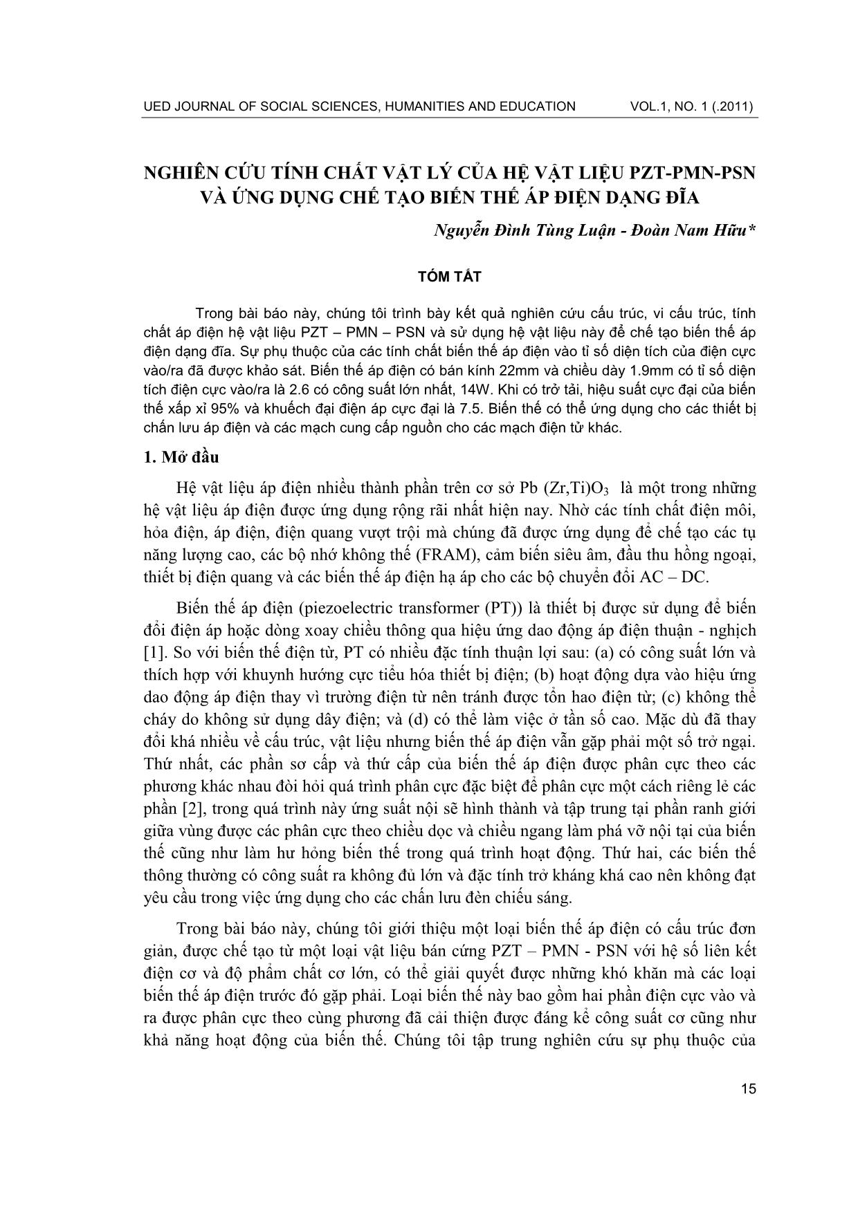 Nghiên cứu tính chất vật lý của hệ vật liệu PZT-PMN-PSN và ứng dụng chế tạo biến thế áp điện dạng đĩa trang 1
